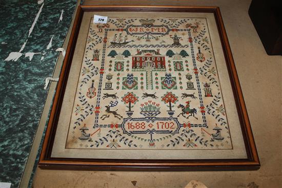 Victorian needlework sampler commemorating the reign of William and Mary